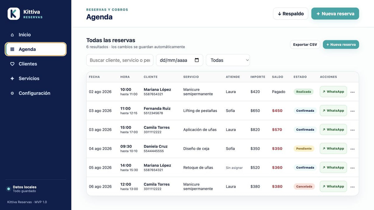 Agenda profesional de reservas con clientes, servicios y WhatsApp